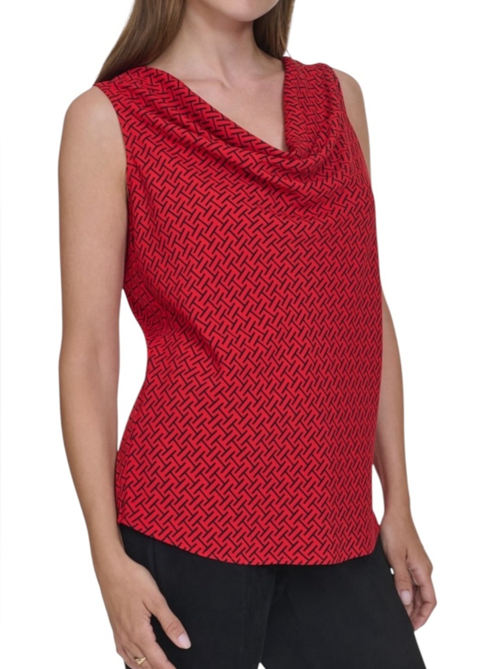 Halston Red Black Geometric Printed Cowl Neck Sleeveless Top Blouse NEW Small